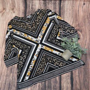 JM Collection Floral Chain Pearl Poly Span Tunic Top Black Tan Gold Toggles XXL